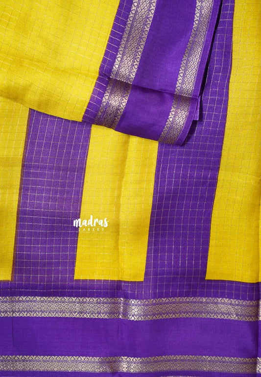 Turmeric Yellow - Premium vasundra printed silk checks body with rettapet border