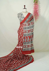 Brick Red - Pure Cotton Saree with with Jaipur baby elephant Prints - Perfect for Office Wear | Casual Wear