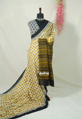 Ivory with Mustard Yellow - Pure Cotton Saree with with Jaipur baby elephant Prints - Perfect for Office Wear | Casual Wear