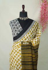 Ivory with Mustard Yellow - Pure Cotton Saree with with Jaipur baby elephant Prints - Perfect for Office Wear | Casual Wear