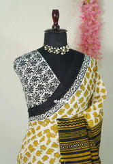 Ivory with Mustard Yellow - Pure Cotton Saree with with Jaipur baby elephant Prints - Perfect for Office Wear | Casual Wear