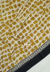 Ivory with Mustard Yellow - Pure Cotton Saree with with Jaipur baby elephant Prints - Perfect for Office Wear | Casual Wear