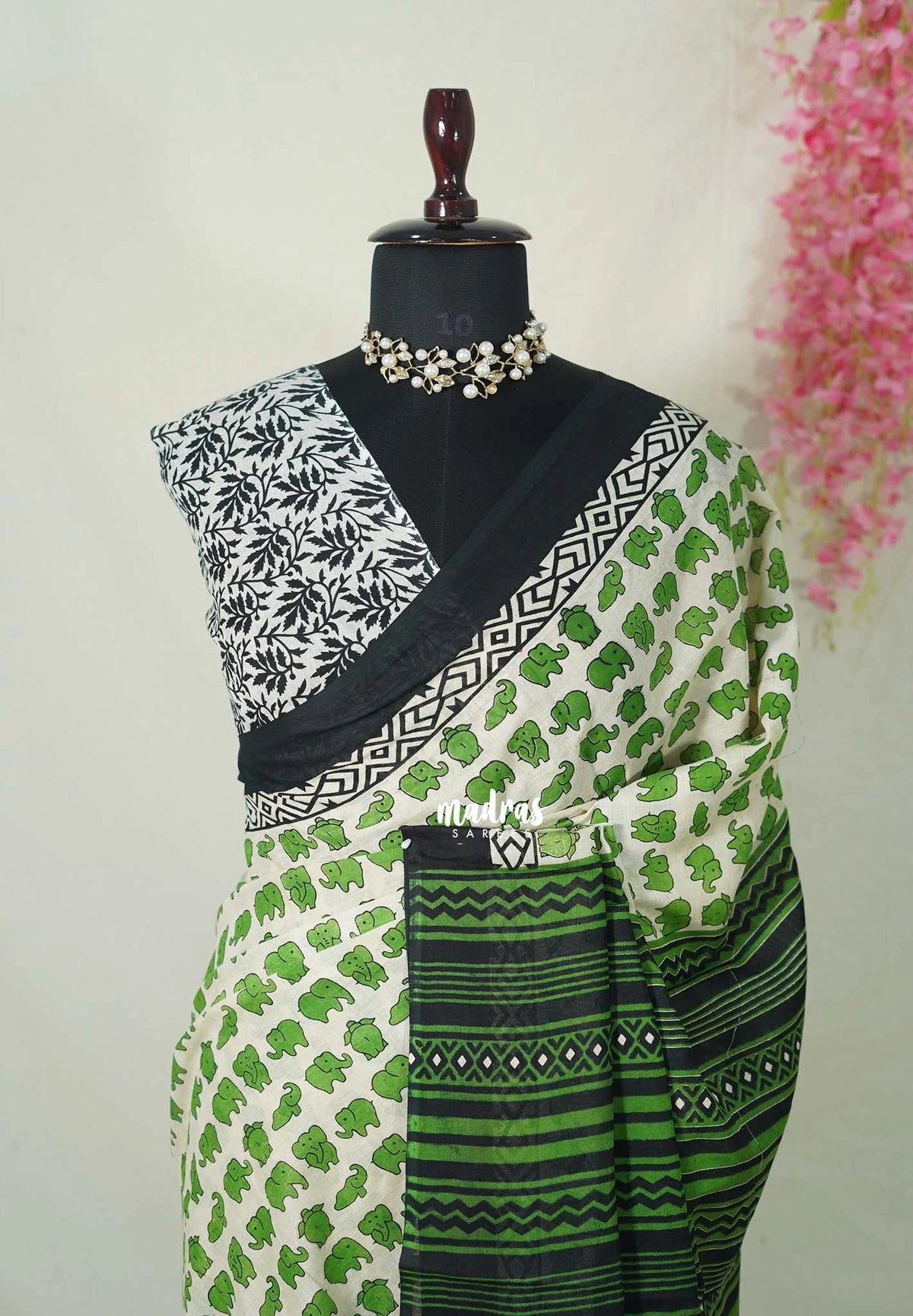 Ivory with Green - Pure Cotton Saree with with Jaipur baby elephant Prints - Perfect for Office Wear | Casual Wear
