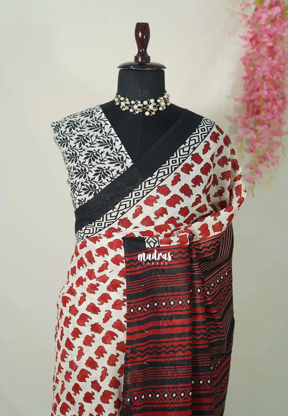 Ivory with Brick Red - Pure Cotton Saree with with Jaipur baby elephant Prints - Perfect for Office Wear | Casual Wear
