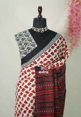 Ivory with Brick Red - Pure Cotton Saree with with Jaipur baby elephant Prints - Perfect for Office Wear | Casual Wear