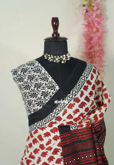 Ivory with Brick Red - Pure Cotton Saree with with Jaipur baby elephant Prints - Perfect for Office Wear | Casual Wear