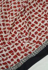 Ivory with Brick Red - Pure Cotton Saree with with Jaipur baby elephant Prints - Perfect for Office Wear | Casual Wear