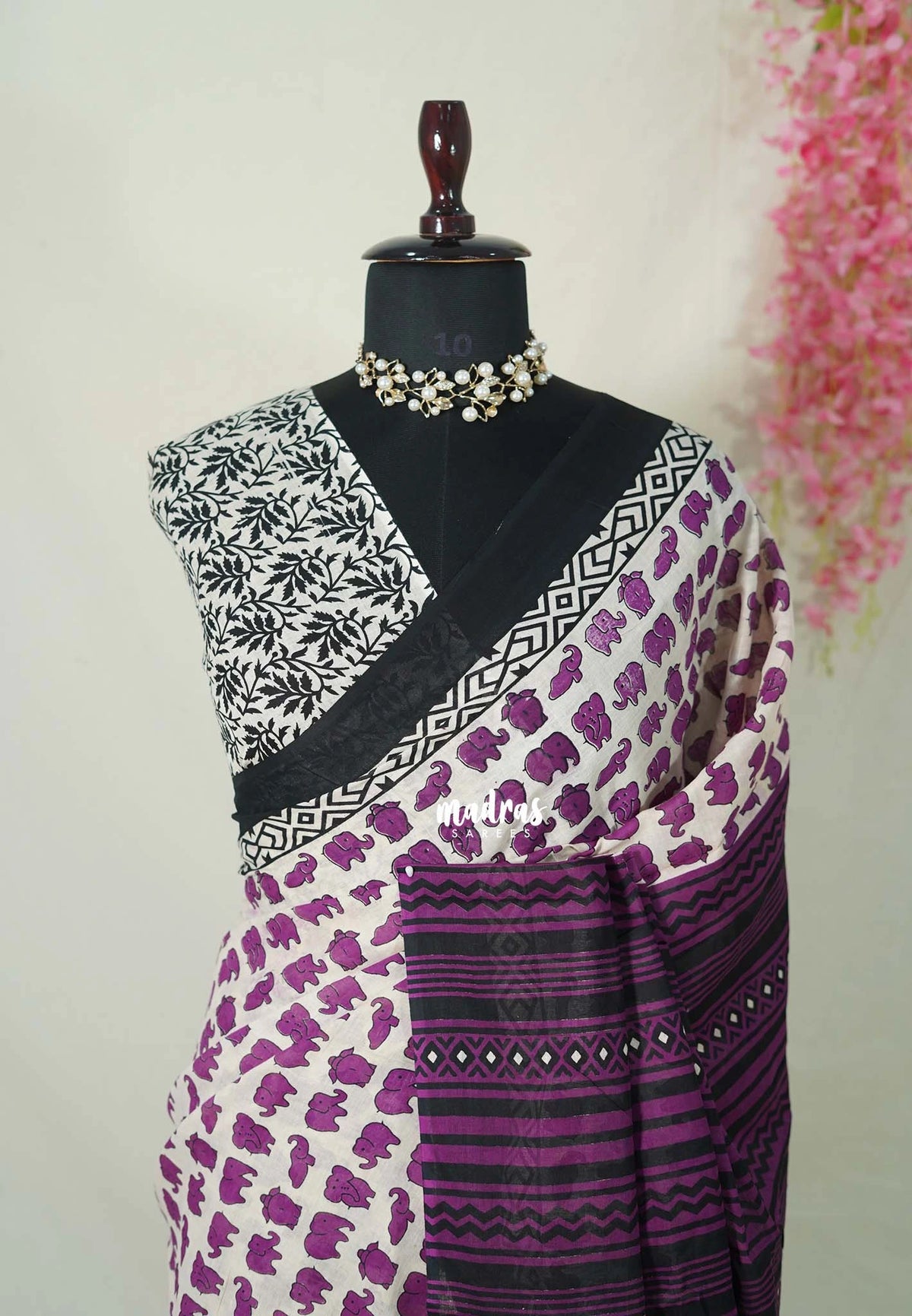 Ivory with Purple - Pure Cotton Saree with with Jaipur baby elephant Prints - Perfect for Office Wear | Casual Wear