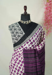 Ivory with Purple - Pure Cotton Saree with with Jaipur baby elephant Prints - Perfect for Office Wear | Casual Wear