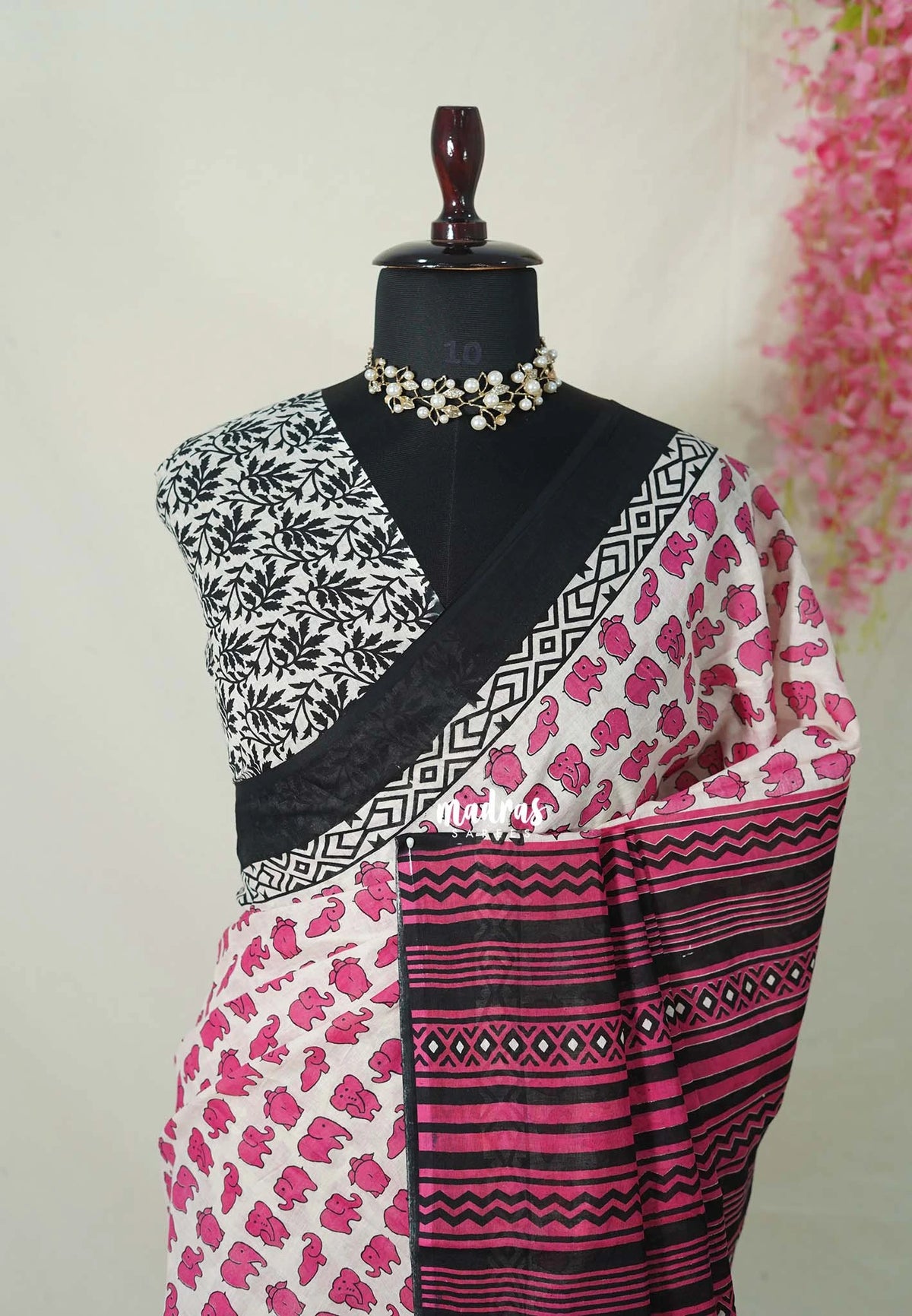 Ivory with Pink - Pure Cotton Saree with with Jaipur baby elephant Prints - Perfect for Office Wear | Casual Wear