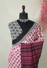 Ivory with Pink - Pure Cotton Saree with with Jaipur baby elephant Prints - Perfect for Office Wear | Casual Wear