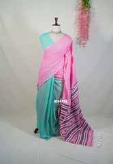 Pink & Turquoise Blue - Pure Cotton Saree Partly Pallu Traditional Odisha Kotpad Weaving - Perfect for Regular Wear | Casual Wear | Summer Wear