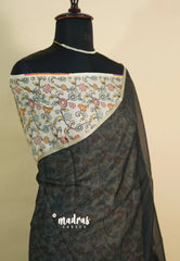 Black Pearl - Pure Kota silk saree with pen kalamkari patch work peacock motif