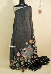Black Pearl - Pure Kota silk saree with pen kalamkari patch work peacock motif