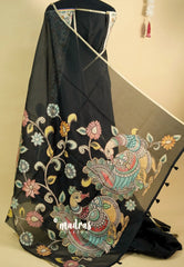 Black Pearl - Pure Kota silk saree with pen kalamkari patch work peacock motif