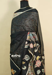 Black Pearl - Pure Kota silk saree with pen kalamkari patch work peacock motif