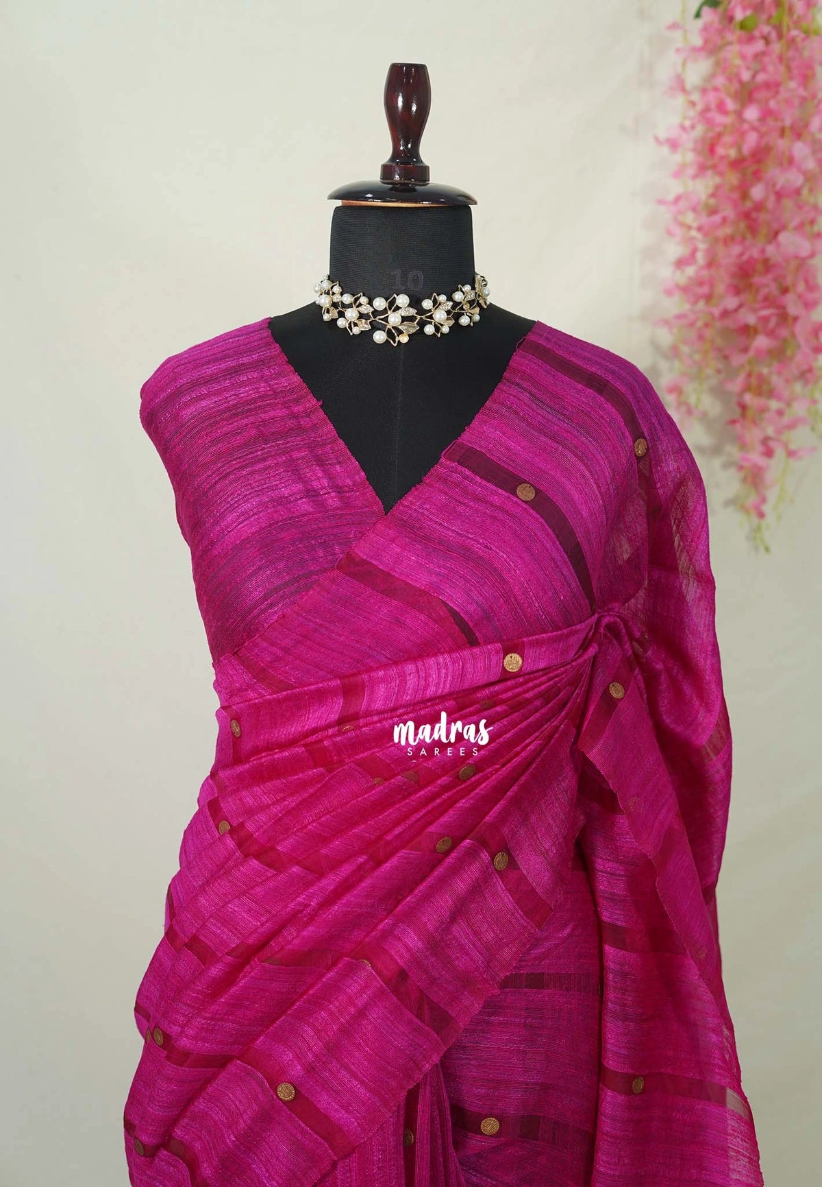 Fuchsia Pink - Pure Matka Silk with Gold-coin Buttas - with Silk Mark Certificate