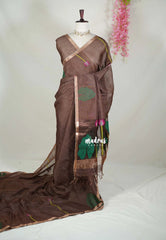 Muted Chocolate Brown - Handloom Tissue Silk Linen with Jamdani Saree - With Handloom Mark