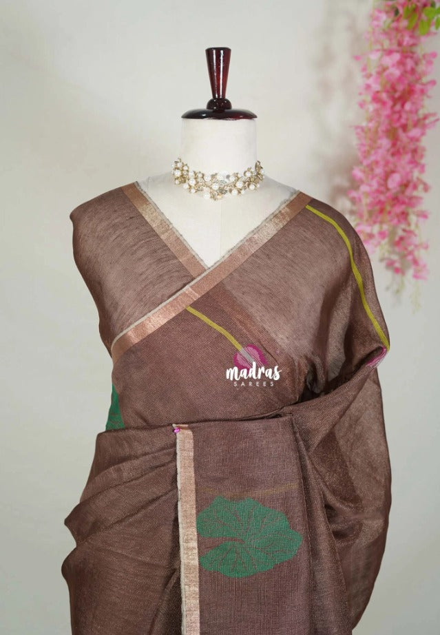 Muted Chocolate Brown - Handloom Tissue Silk Linen with Jamdani Saree - With Handloom Mark
