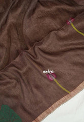 Muted Chocolate Brown - Handloom Tissue Silk Linen with Jamdani Saree - With Handloom Mark