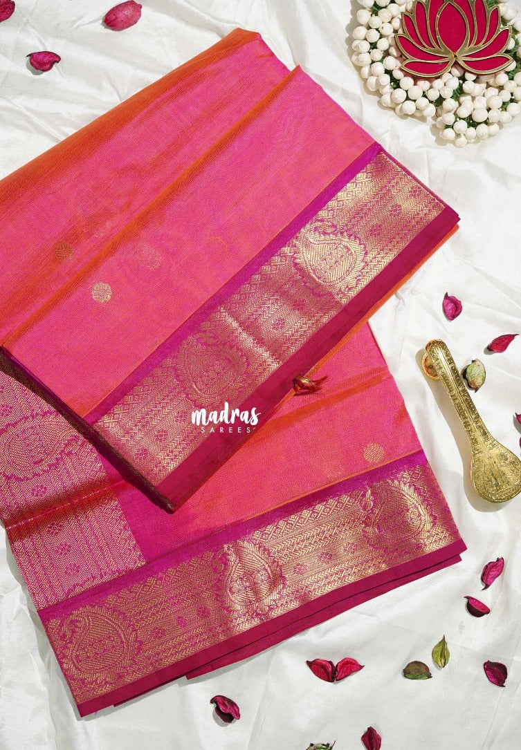 Dual Shade Pink - Meenakshi - Light Weight Pure Silk Cotton Saree with Mango Border Contrast Pallu and Blouse - Perfect for Wedding Functions