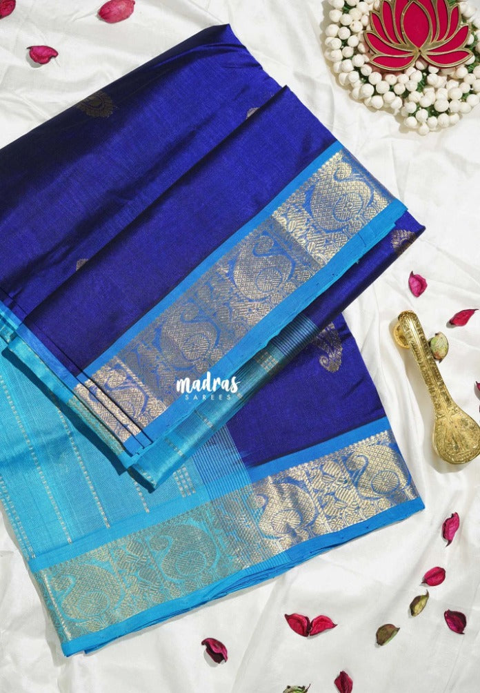 Violet Blue - Meenakshi - Light Weight Pure Silk Cotton Saree with Mango Border Contrast Pallu and Blouse - Perfect for Wedding Functions