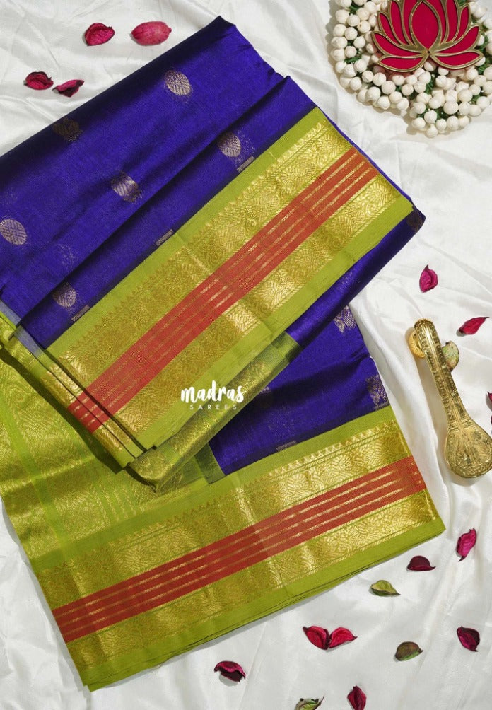 MS Amma Blue - Meenakshi - Light Weight Pure Silk Cotton Saree Mayil Border with Mayil, Rudraksham Buttas Contrast Pallu and Blouse - Perfect for Wedding Functions