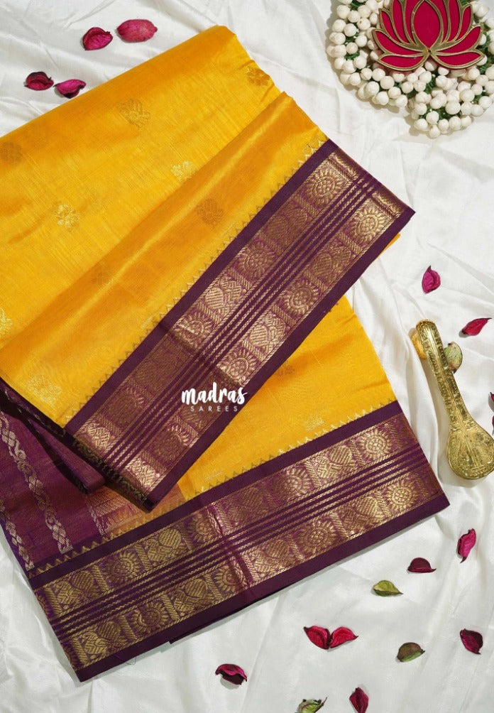 Mango Yellow - Meenakshi - Light Weight Pure Silk Cotton Saree Mayil Border with Contrast Pallu and Blouse - Perfect for Wedding Functions