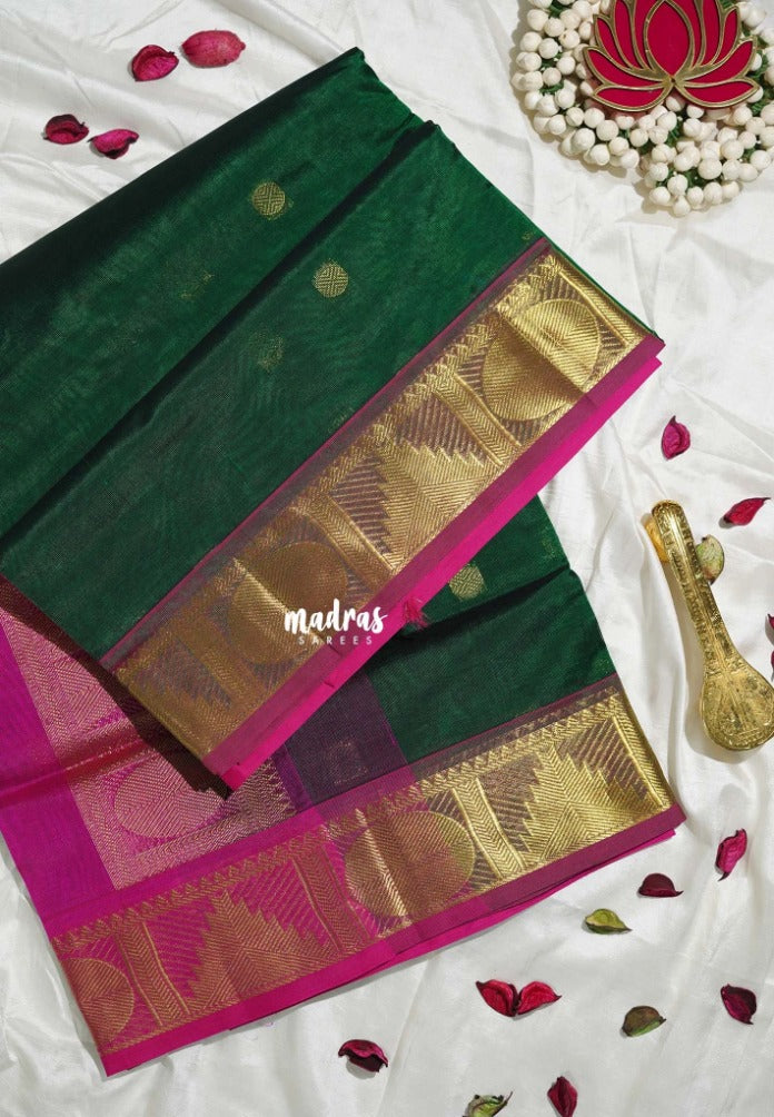 Dark Green - Meenakshi - Light Weight Pure Silk Cotton Saree with Rudraksham, Temple Border Contrast Pallu and Blouse - Perfect for Wedding Functions
