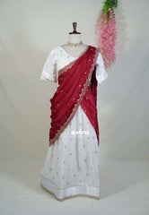 Ivory White with Maroon - Trending Viscose Georgette Half Saree Set - Stitched - Devasena - Perfect for Festive Functions