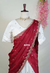 Ivory White with Maroon - Trending Viscose Georgette Half Saree Set - Stitched - Devasena - Perfect for Festive Functions