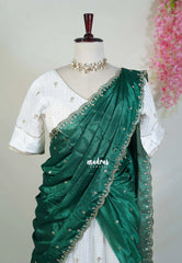 Ivory White with Green - Trending Viscose Georgette Half Saree Set - Stitched - Devasena - Perfect for Festive Functions