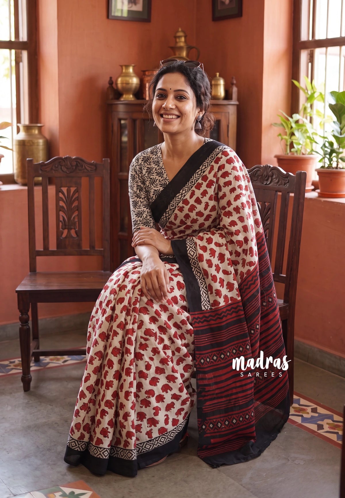 Ivory with Brick Red - Pure Cotton Saree with with Jaipur baby elephant Prints - Perfect for Office Wear | Casual Wear
