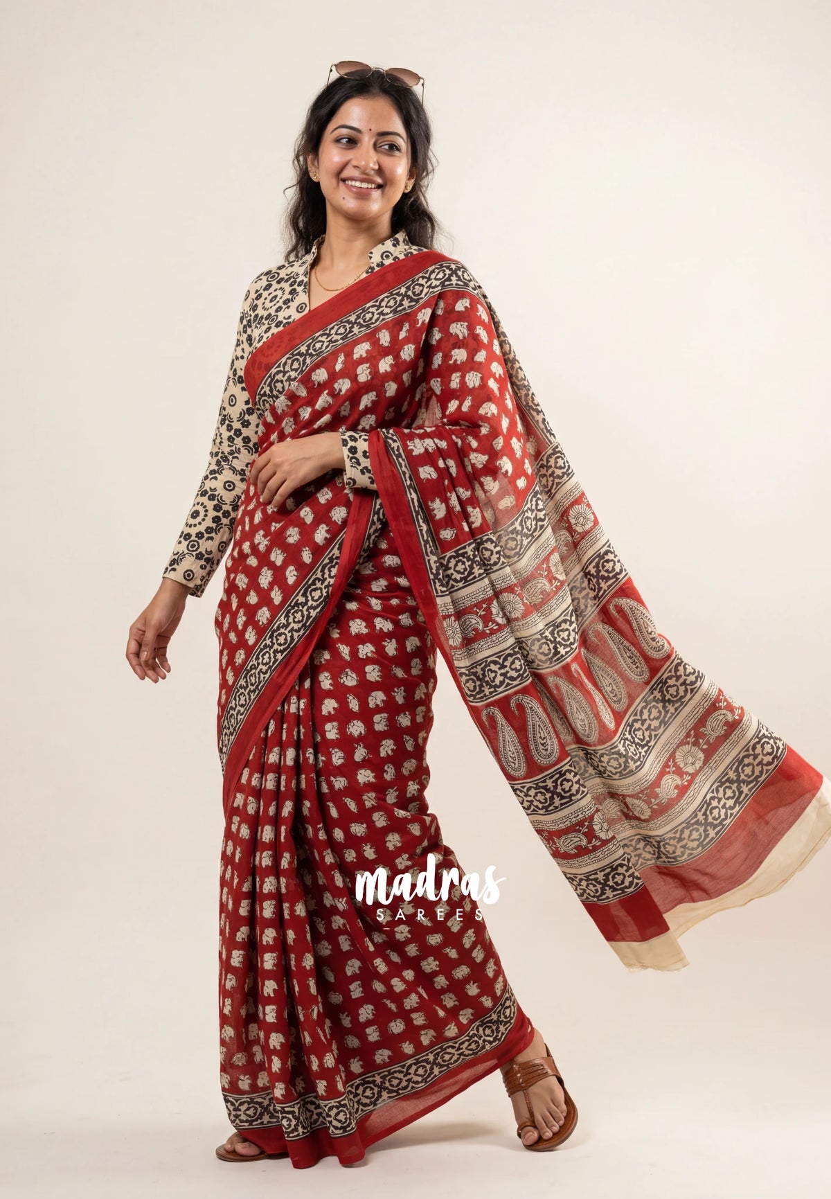 Brick Red - Pure Cotton Saree with with Jaipur baby elephant Prints - Perfect for Office Wear | Casual Wear