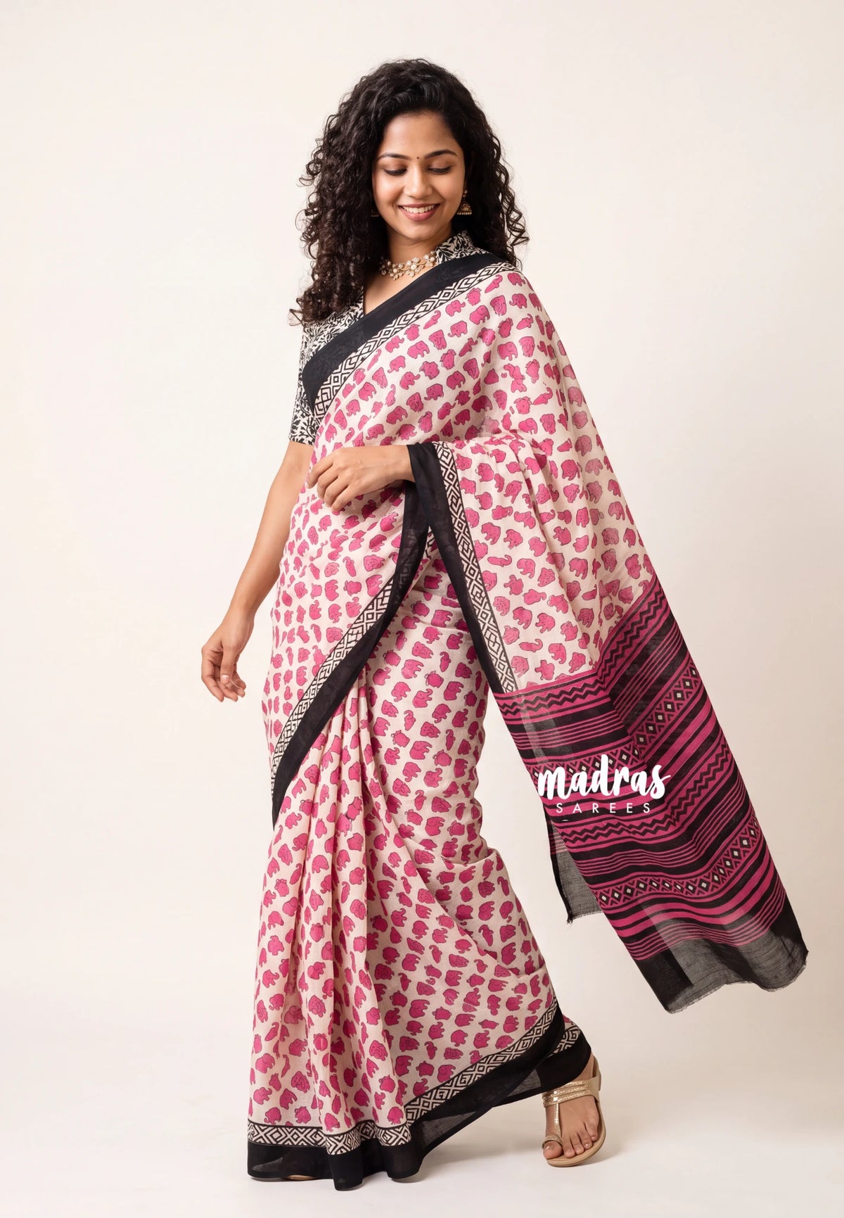 Ivory with Pink - Pure Cotton Saree with with Jaipur baby elephant Prints - Perfect for Office Wear | Casual Wear