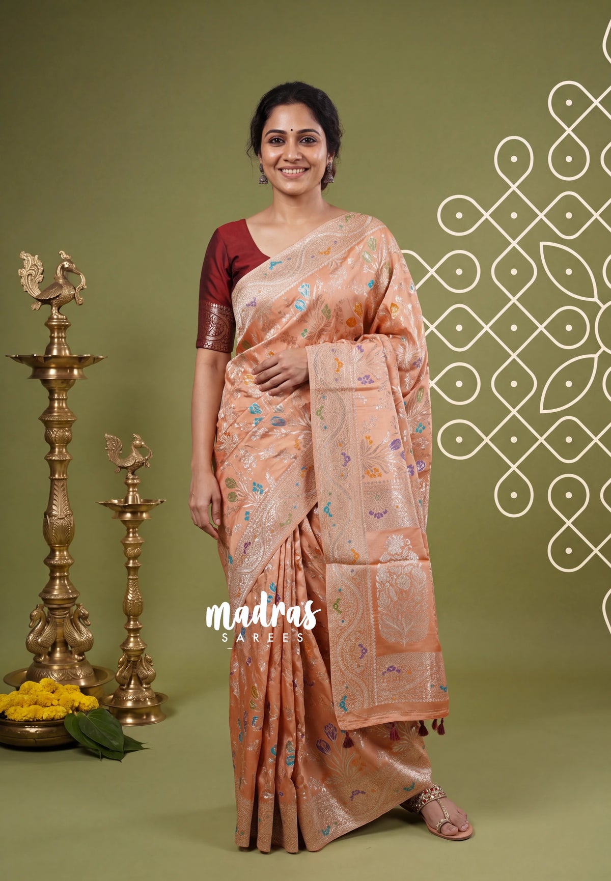 Rustic Peach - Sowbhagya – Precision Weaving Pure Mulberry Silk with Contrast Blouse - Perfect for Functions