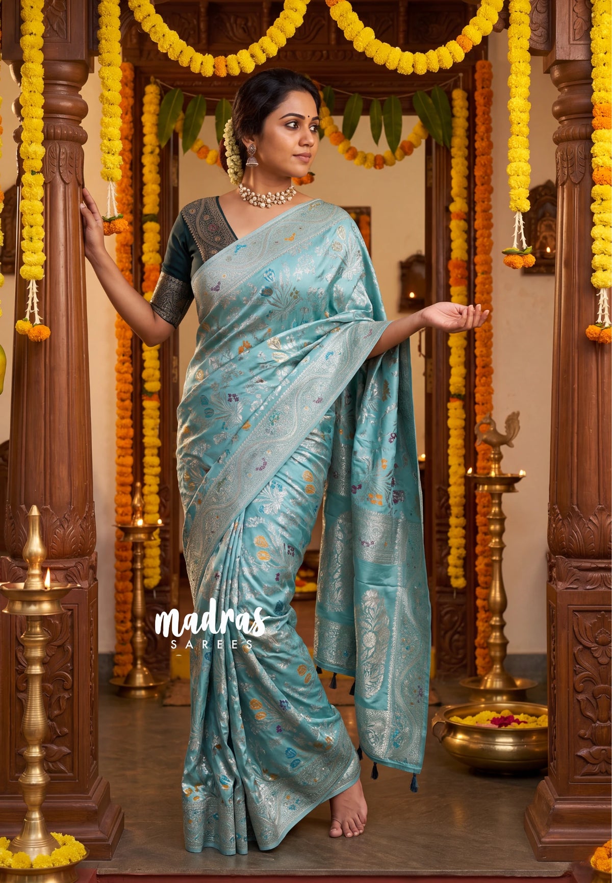 Muted Teal Green - Sowbhagya – Precision Weaving Pure Mulberry Silk with Contrast Blouse - Perfect for Functions
