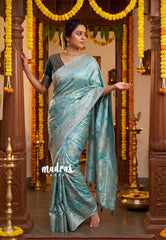 Muted Teal Green - Sowbhagya – Precision Weaving Pure Mulberry Silk with Contrast Blouse - Perfect for Functions