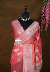 Dark Peach - Banarasi Chinon Silk with Floral Border - Best for Night Functions