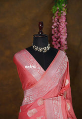 Dark Peach - Banarasi Chinon Silk with Floral Border - Best for Night Functions
