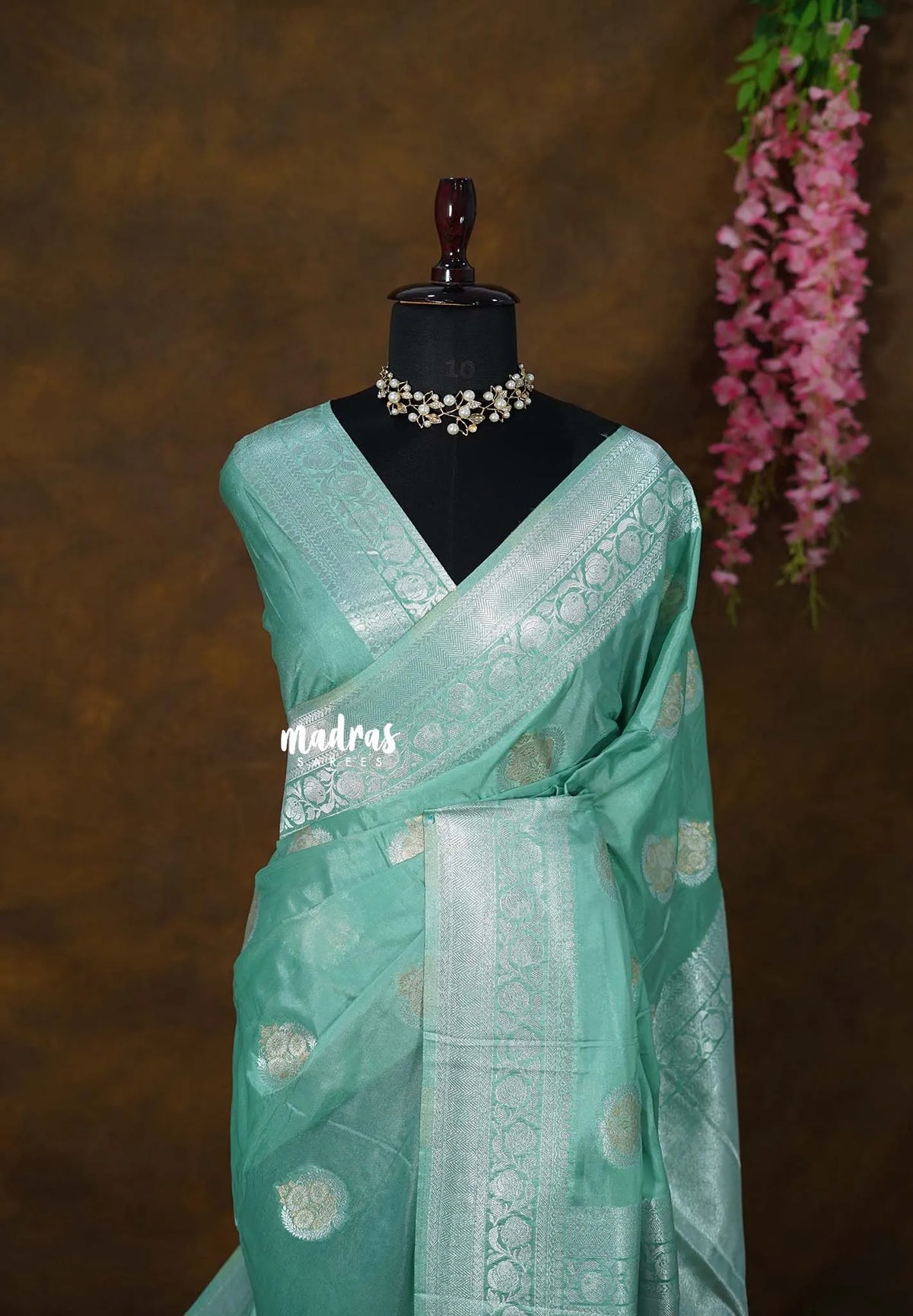 Seafoam Green - Banarasi Chinon Silk with Floral Border - Best for Night Functions