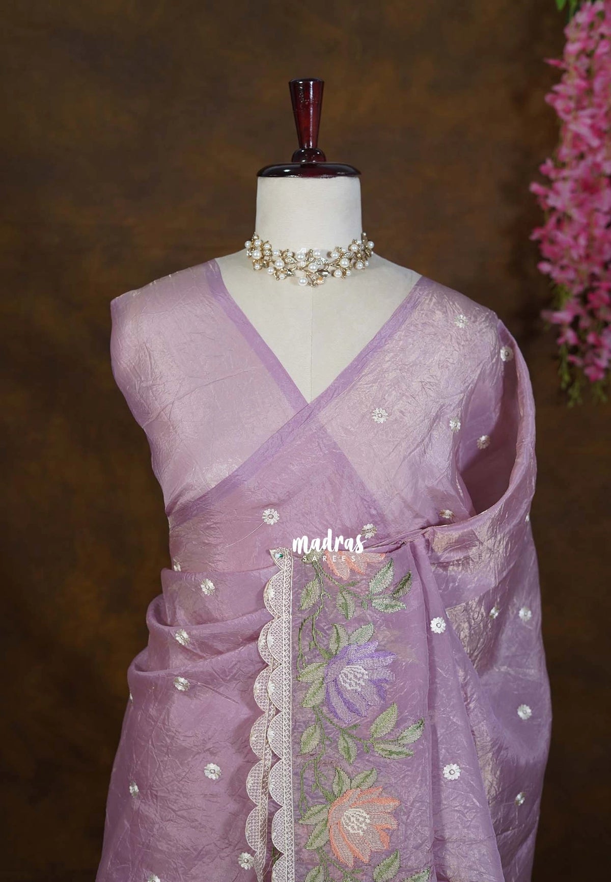 Antique Purple - Roshini - Pure Crushed Tissue Silk with Embroidery Work And Scallop - Best for Evening Functions