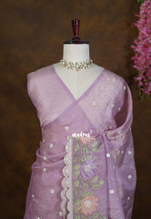 Antique Purple - Roshini - Pure Crushed Tissue Silk with Embroidery Work And Scallop - Best for Evening Functions