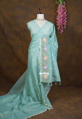 Seafoam Green - Roshini - Pure Crushed Tissue Silk with Embroidery Work with Scallop - Best for Evening Functions