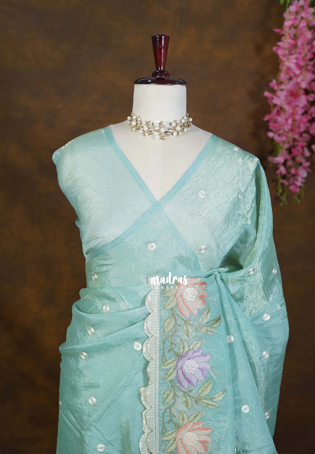 Seafoam Green - Roshini - Pure Crushed Tissue Silk with Embroidery Work with Scallop - Best for Evening Functions