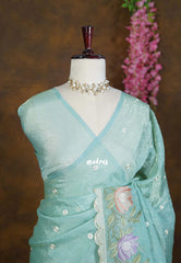 Seafoam Green - Roshini - Pure Crushed Tissue Silk with Embroidery Work with Scallop - Best for Evening Functions