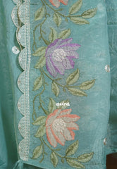 Seafoam Green - Roshini - Pure Crushed Tissue Silk with Embroidery Work with Scallop - Best for Evening Functions