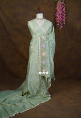 Sage Green - Roshini - Pure Crushed Tissue Silk with Embroidery Work with Scallop - Best for Evening Functions