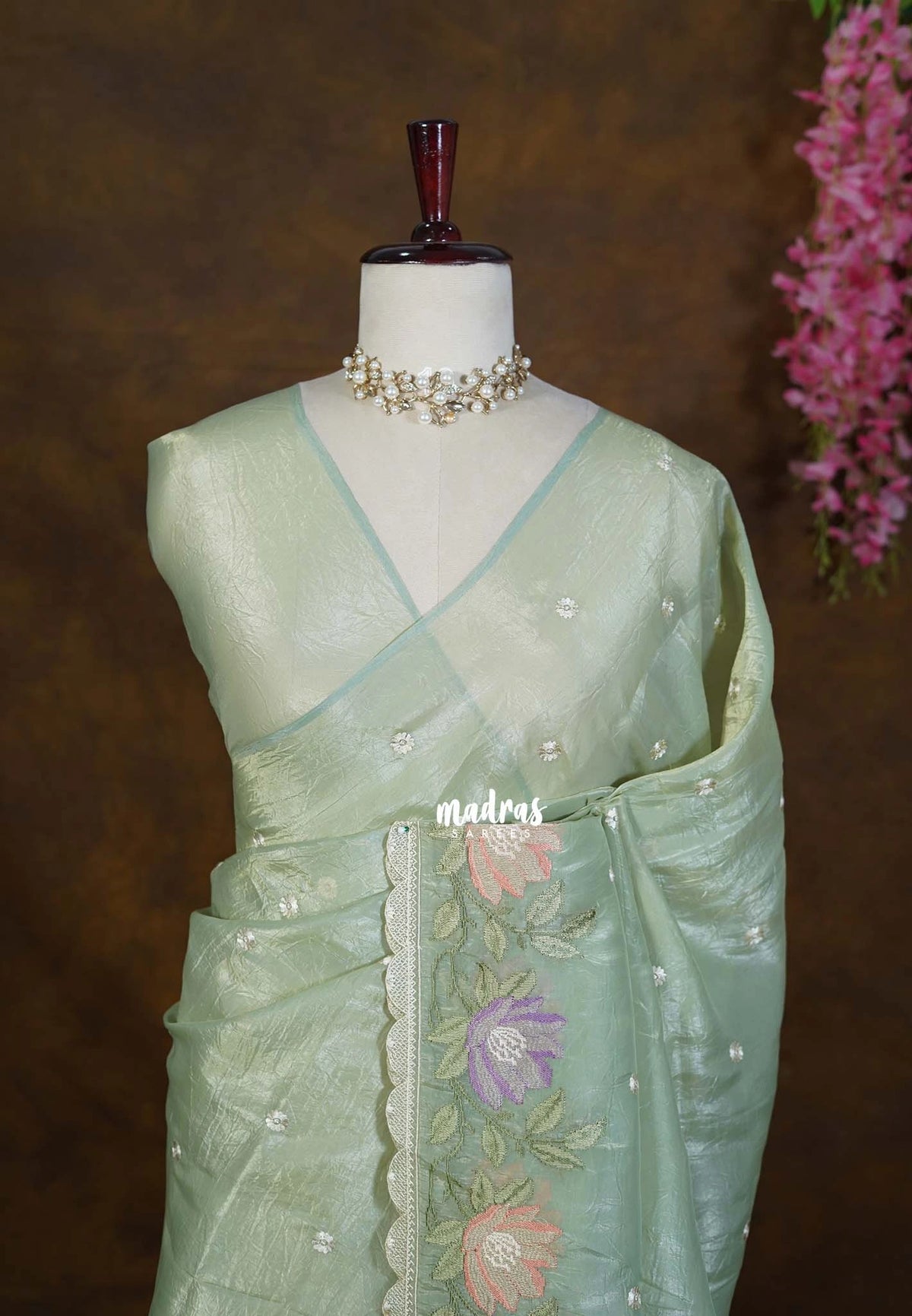Sage Green - Roshini - Pure Crushed Tissue Silk with Embroidery Work with Scallop - Best for Evening Functions