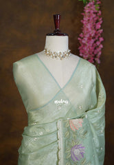 Sage Green - Roshini - Pure Crushed Tissue Silk with Embroidery Work with Scallop - Best for Evening Functions